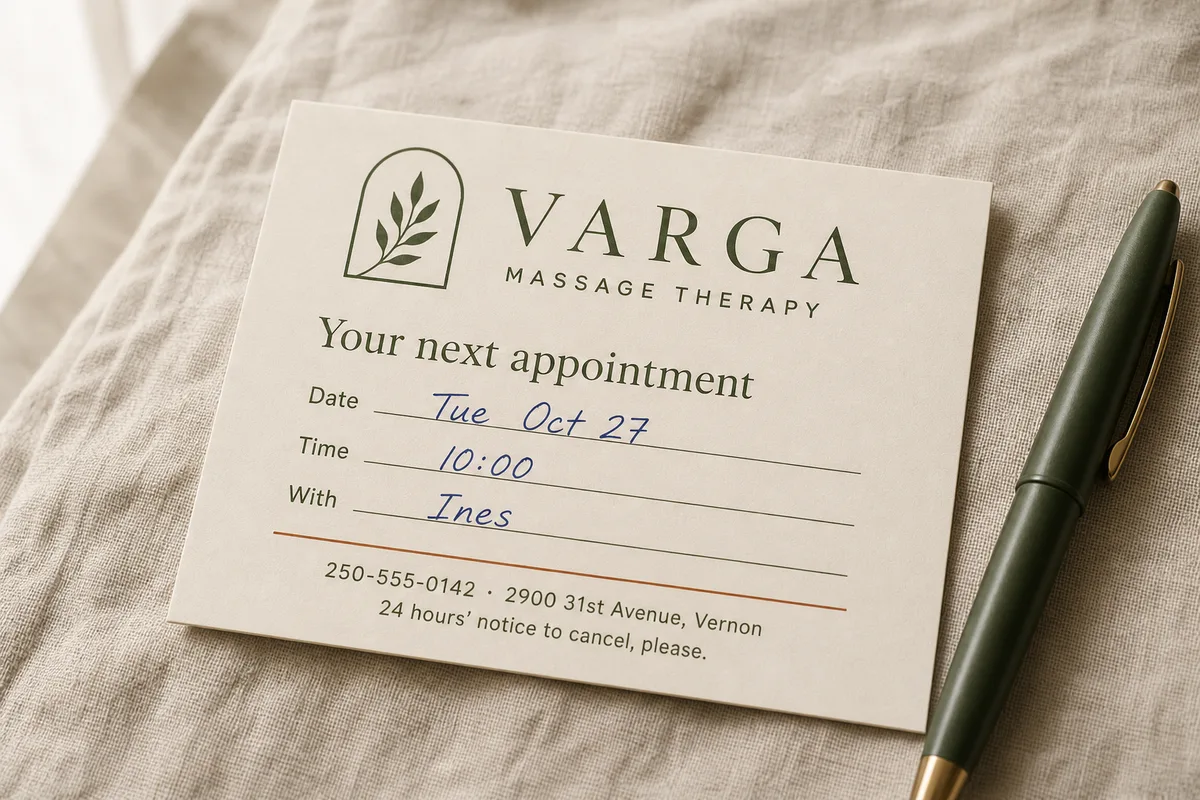 Varga Massage Therapy's printed appointment card, in its colours and type