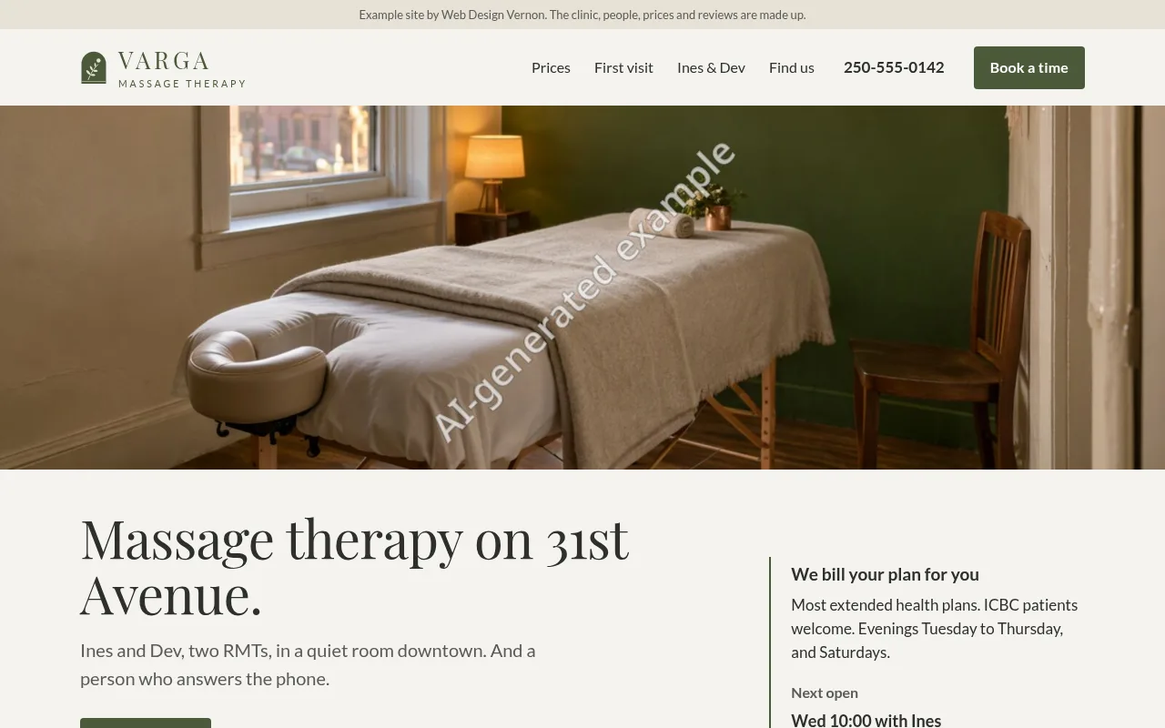 Varga Massage Therapy's first screen on a computer
