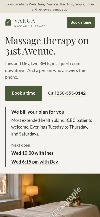 Varga Massage Therapy's first screen on a phone