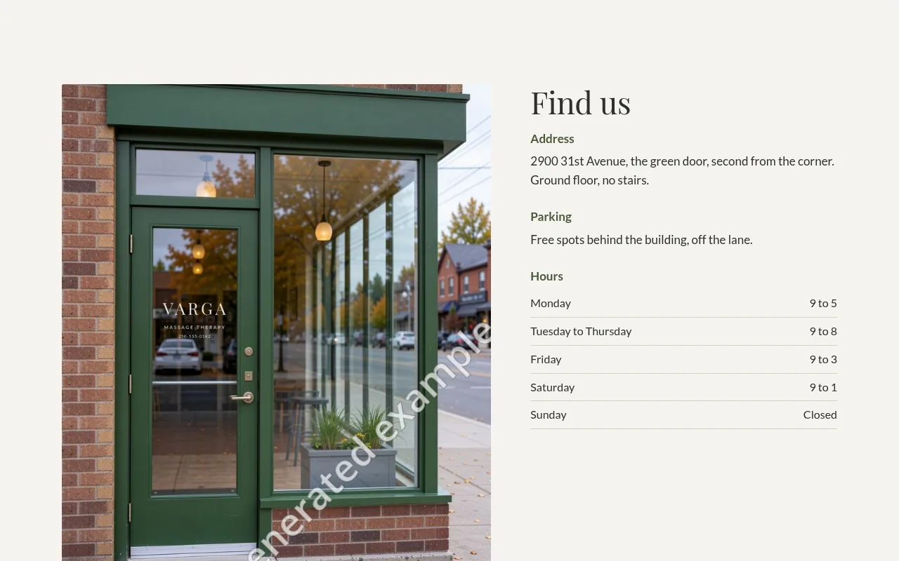 Varga Massage Therapy: A name lettered on the window