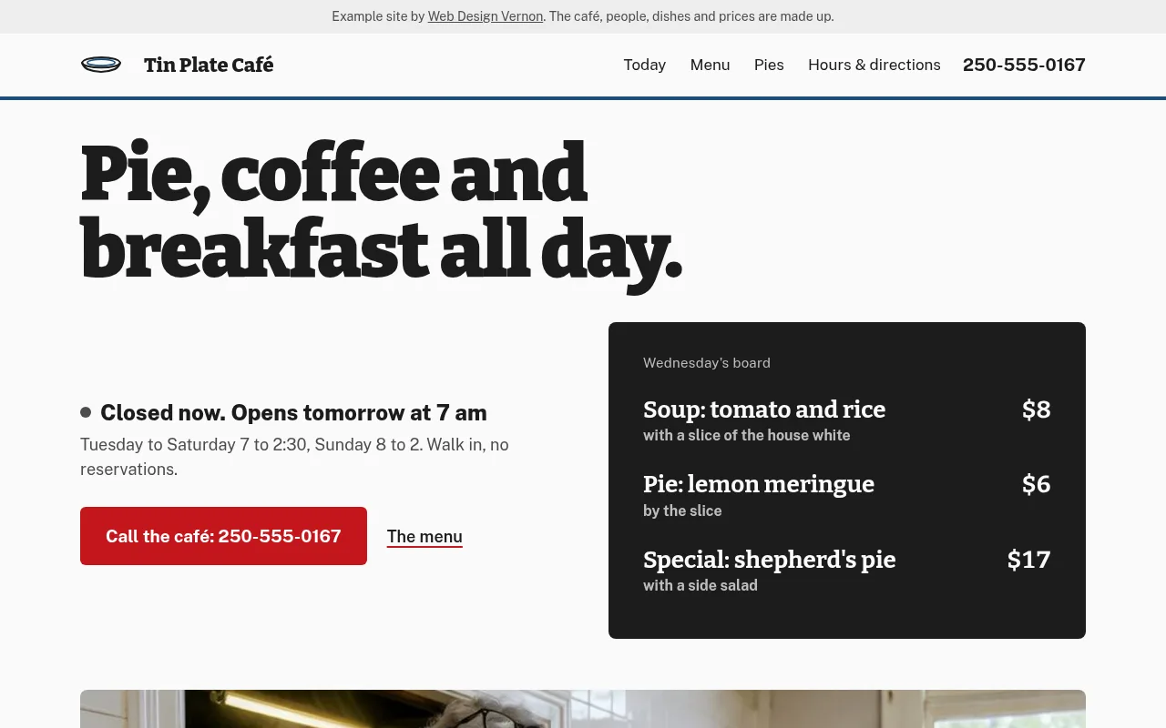 Tin Plate Café's first screen on a computer