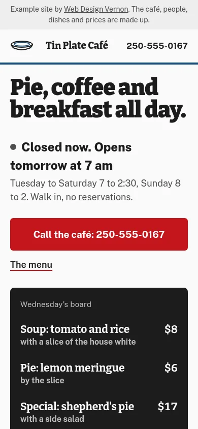 Tin Plate Café's first screen on a phone