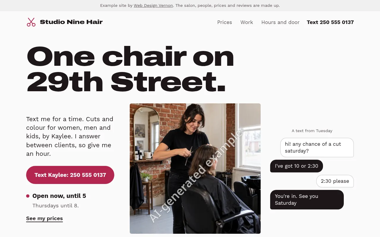 Studio Nine Hair's first screen on a computer
