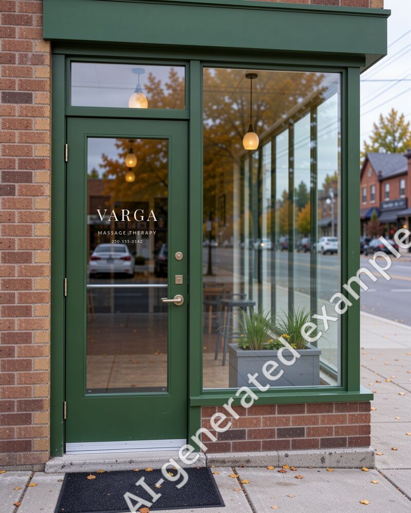 The clinic's olive green front door with VARGA lettered on the glass