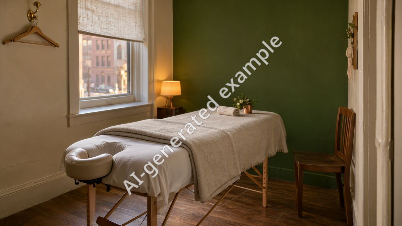 The treatment room: the table with its face cradle and folded blanket, the chair, the window and the hook on the wall
