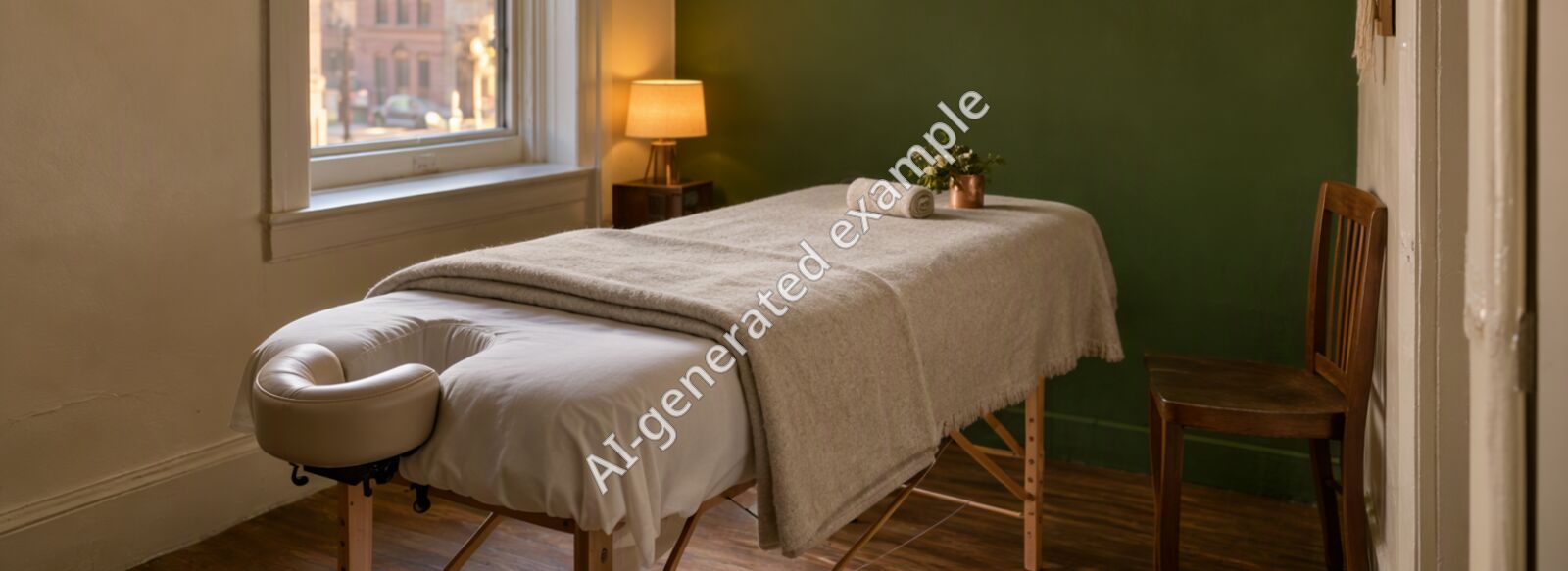 The treatment room: a massage table made up with a white sheet and a folded wool blanket, an olive wall, a lamp and a window with a linen blind