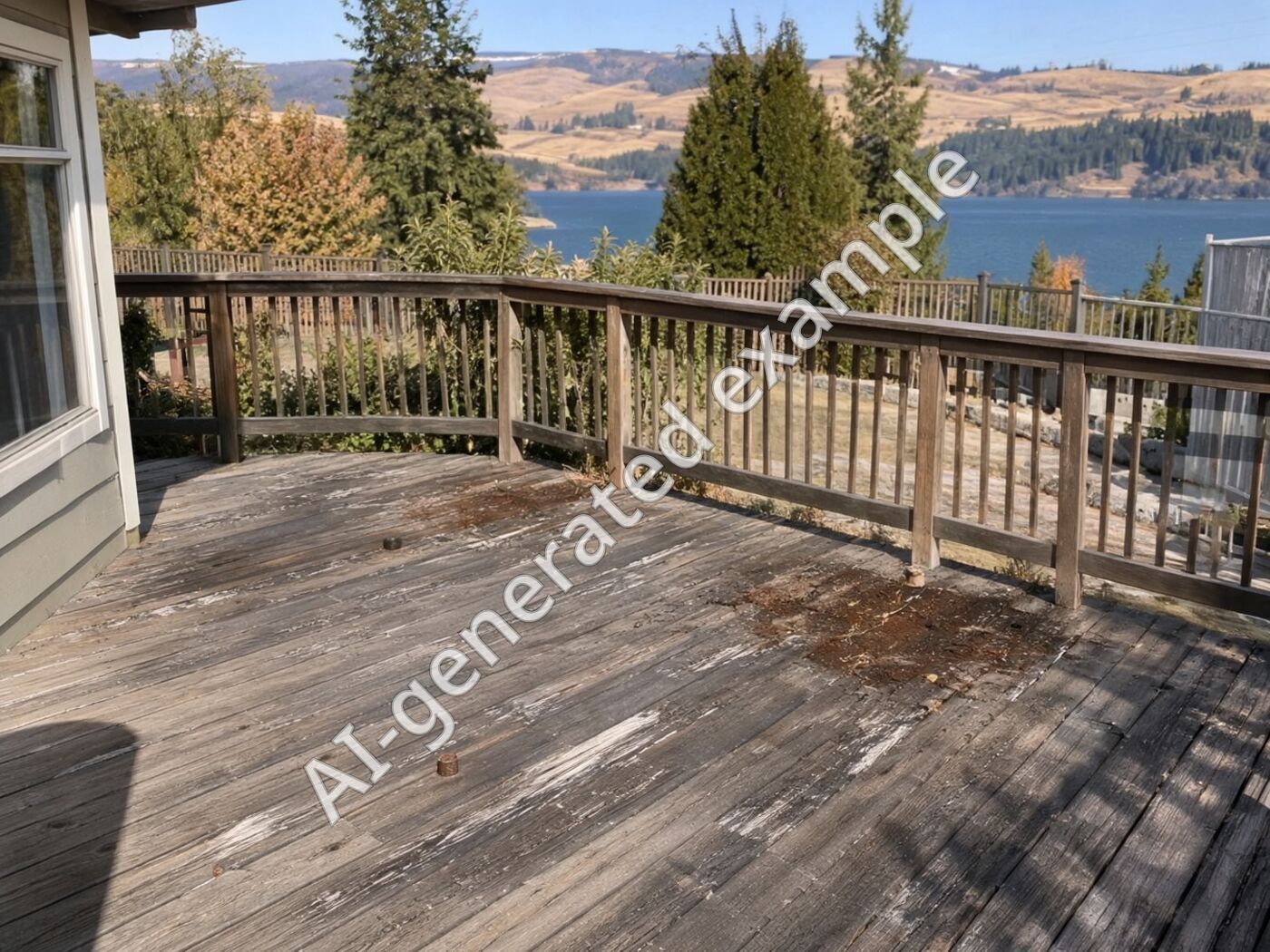 Before: grey, weathered deck boards with peeling stain