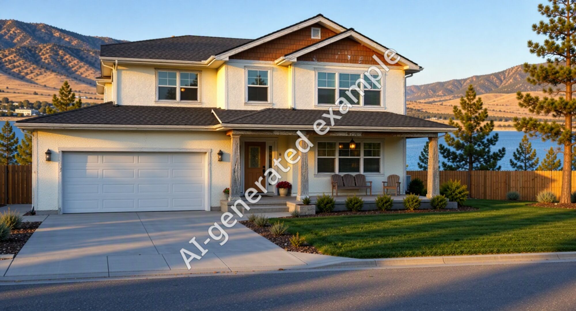 Before: the same house with faded, stained stucco and flaking trim