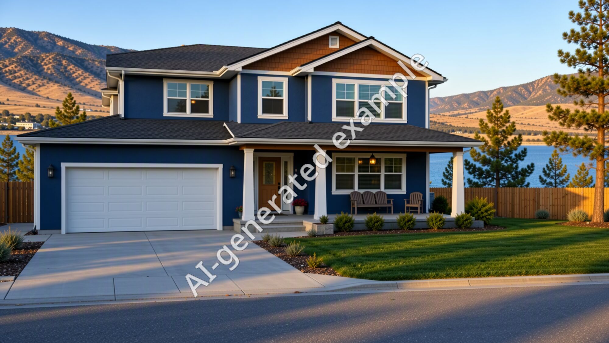 A two-storey house on a hill above Kalamalka Lake, freshly painted navy blue with white trim
