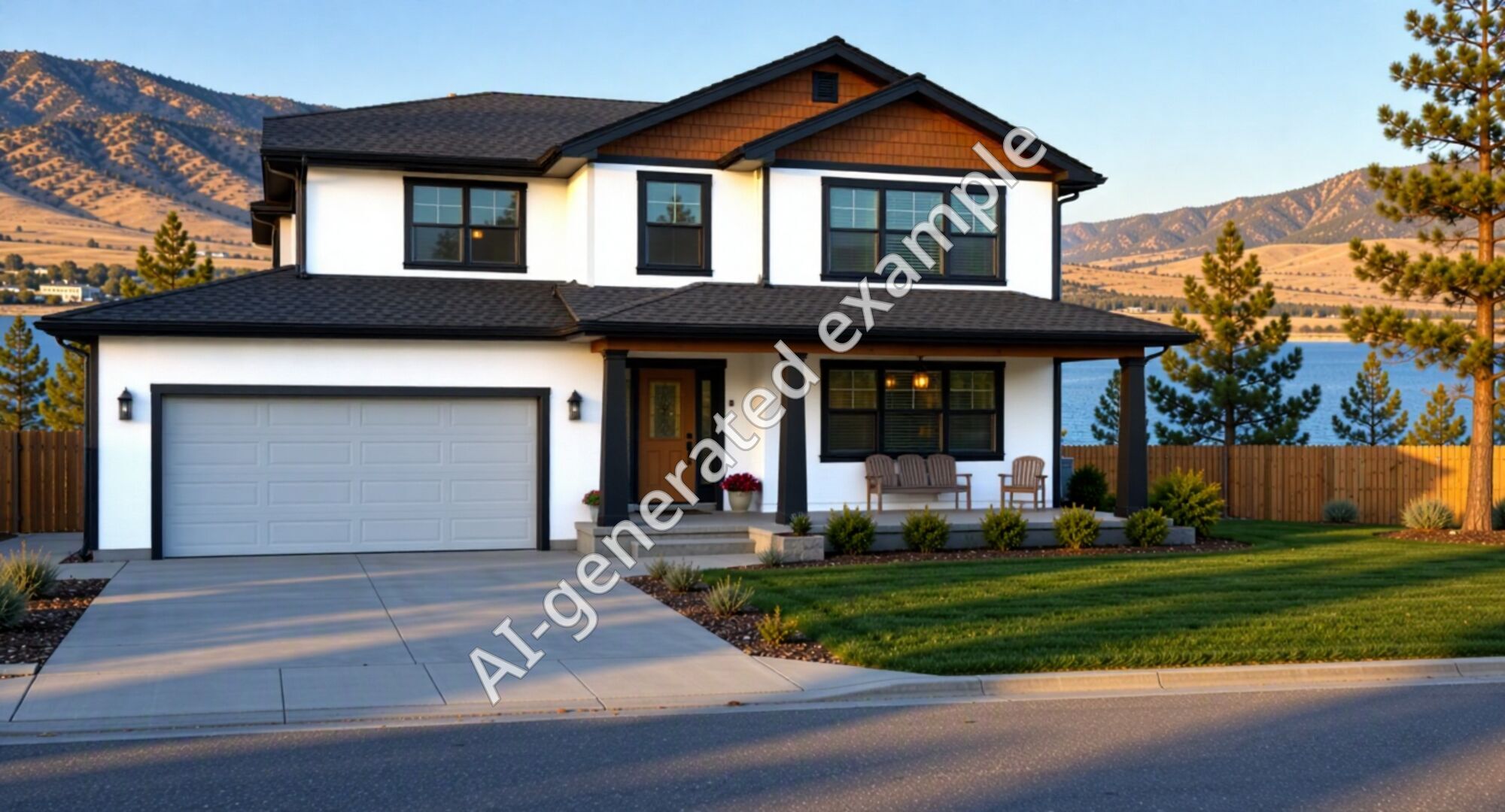 The same house painted warm white with charcoal trim