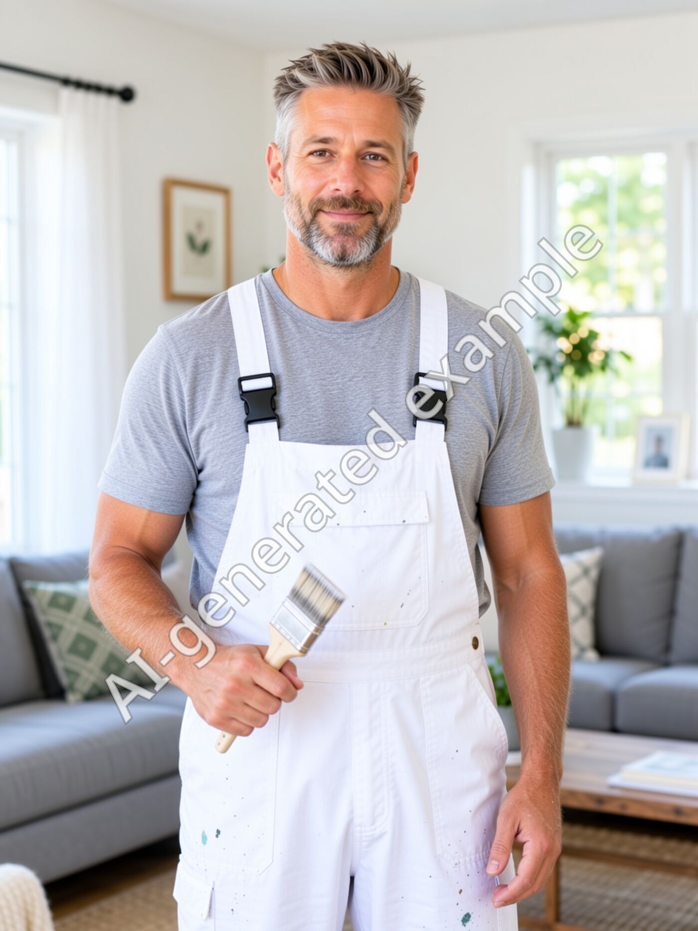 Marcel Tremblay in white painter's overalls, holding a brush