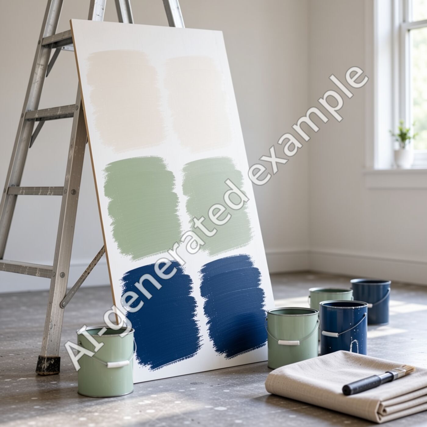 A board of paint samples on a stepladder: whites, a sage green and a navy
