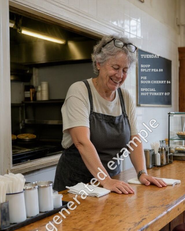 June pouring coffee behind the counter