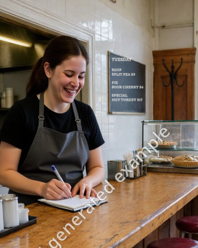 Kayla with an order pad at the counter