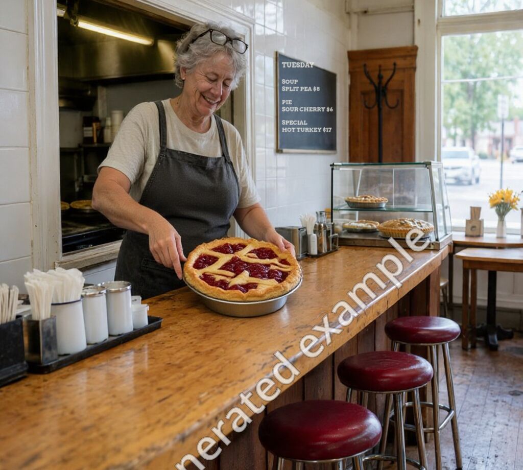 June with a cherry pie at the counter