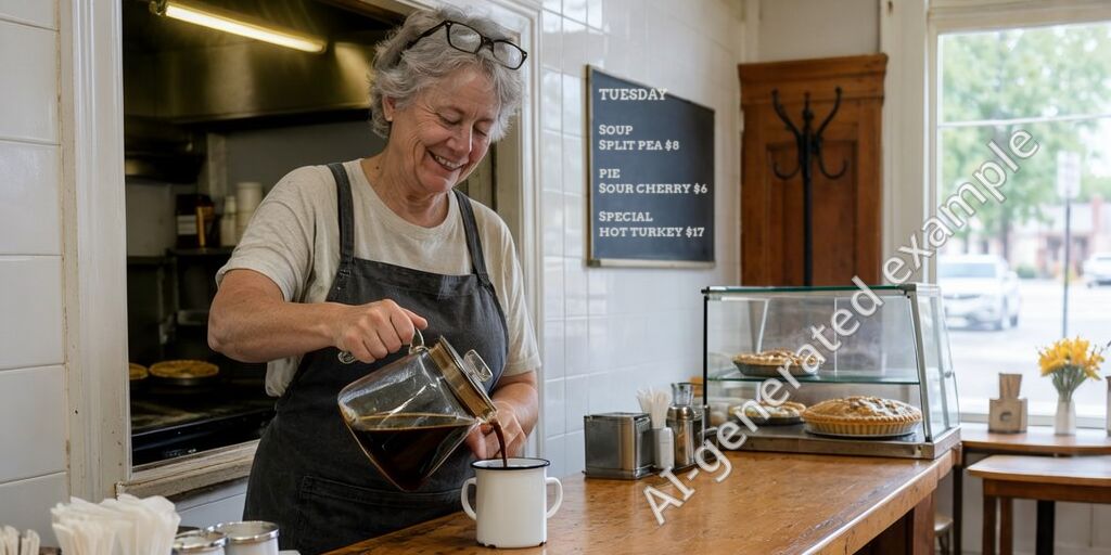 Inside Tin Plate Café in the morning: June pouring coffee at the counter, the pie case by the window