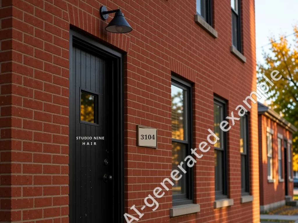 The black side door of the brick building, lettered Studio Nine Hair, with 3104 on the plaque