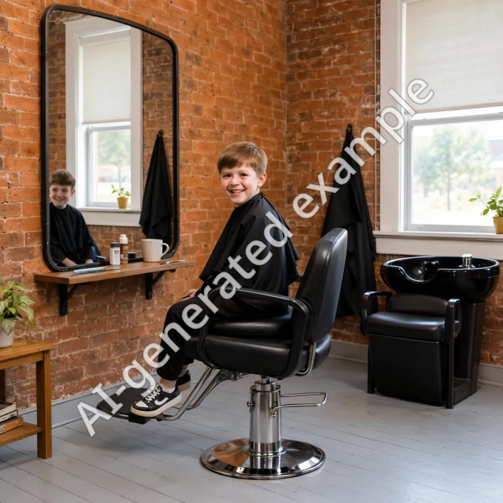 A boy grinning in the chair after a short cut