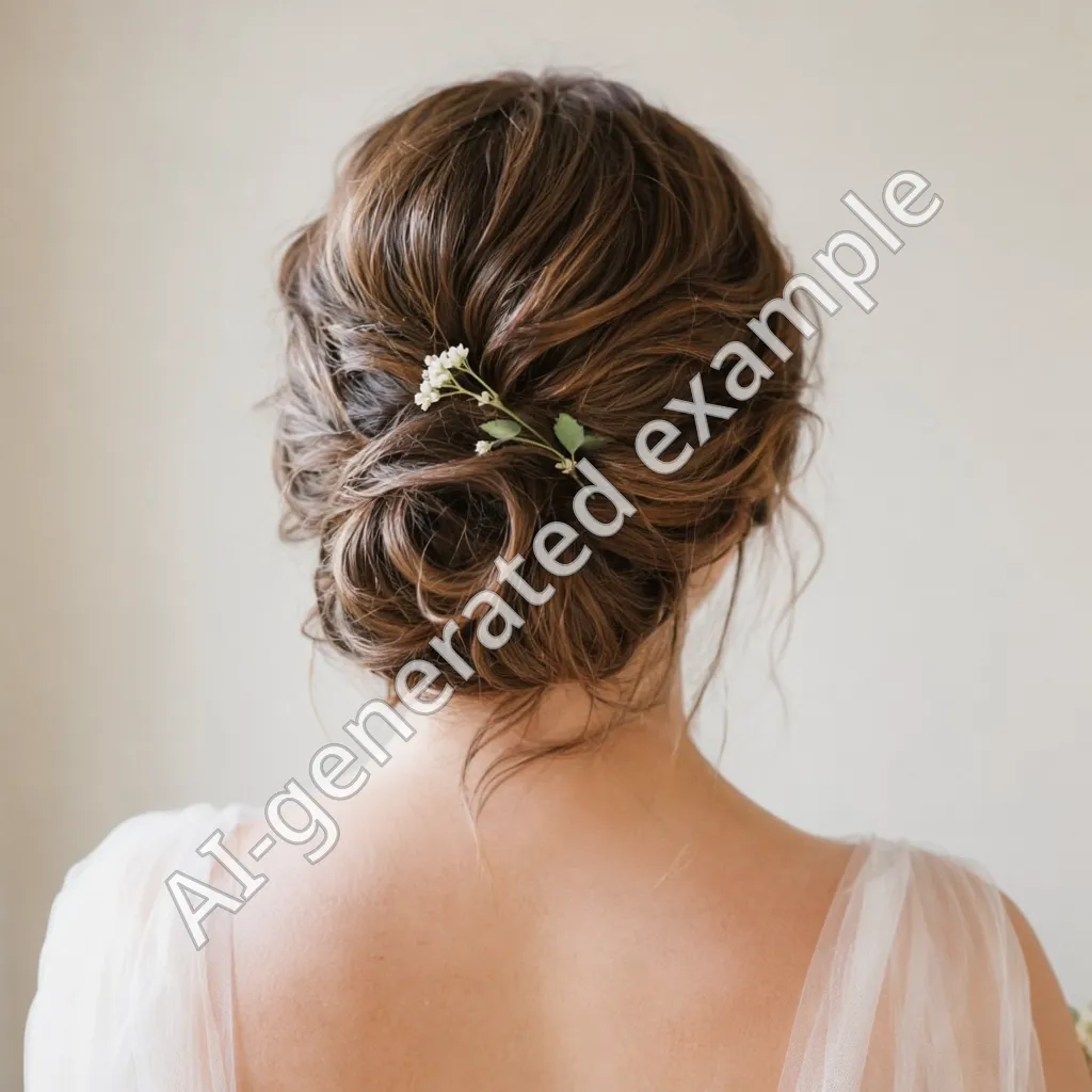 A low wedding updo from behind, with a sprig of white flowers