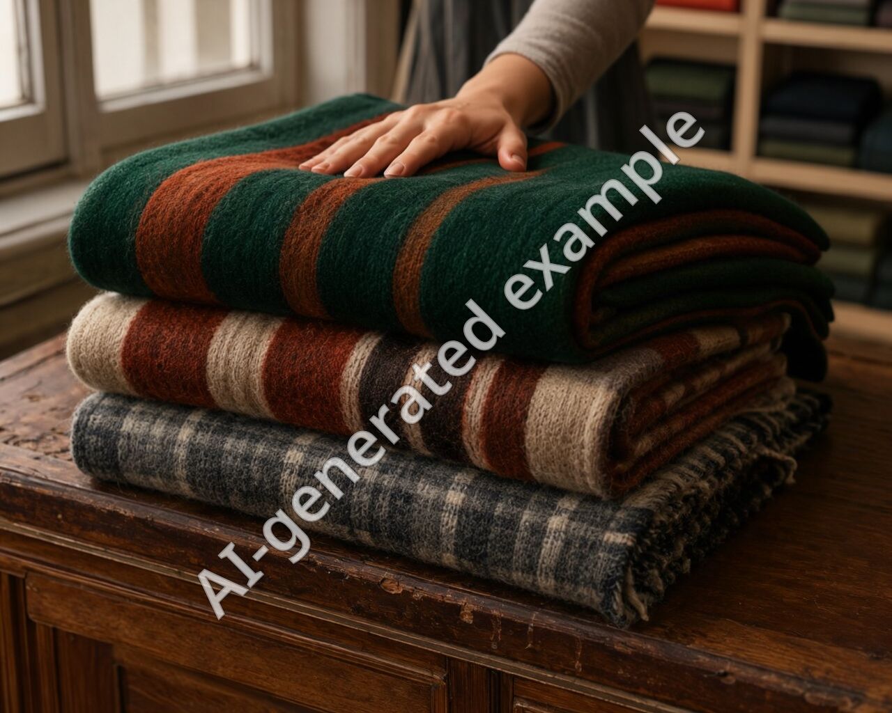 A stack of striped wool blankets on the shop table