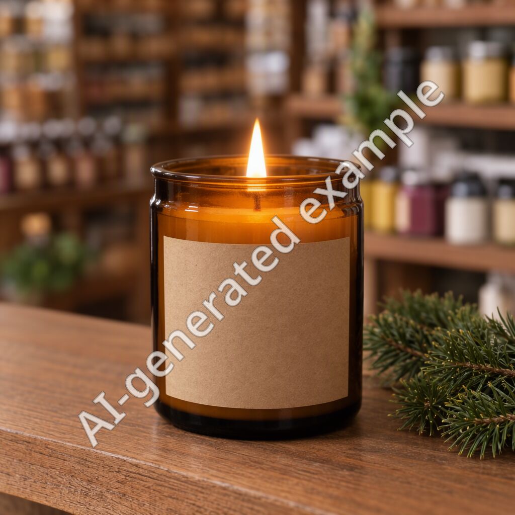 A lit candle in an amber jar on the counter