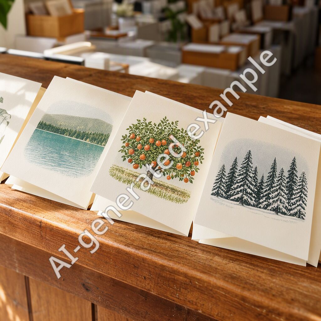Letterpress cards of a lake, an orchard and snowy pines