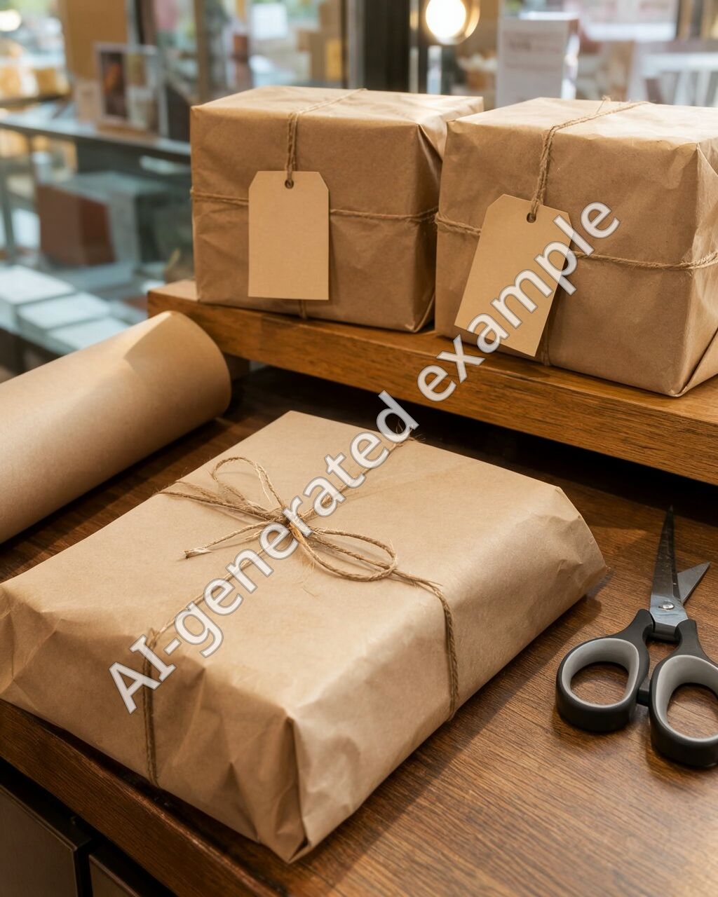 A gift being wrapped in brown paper and twine at the counter