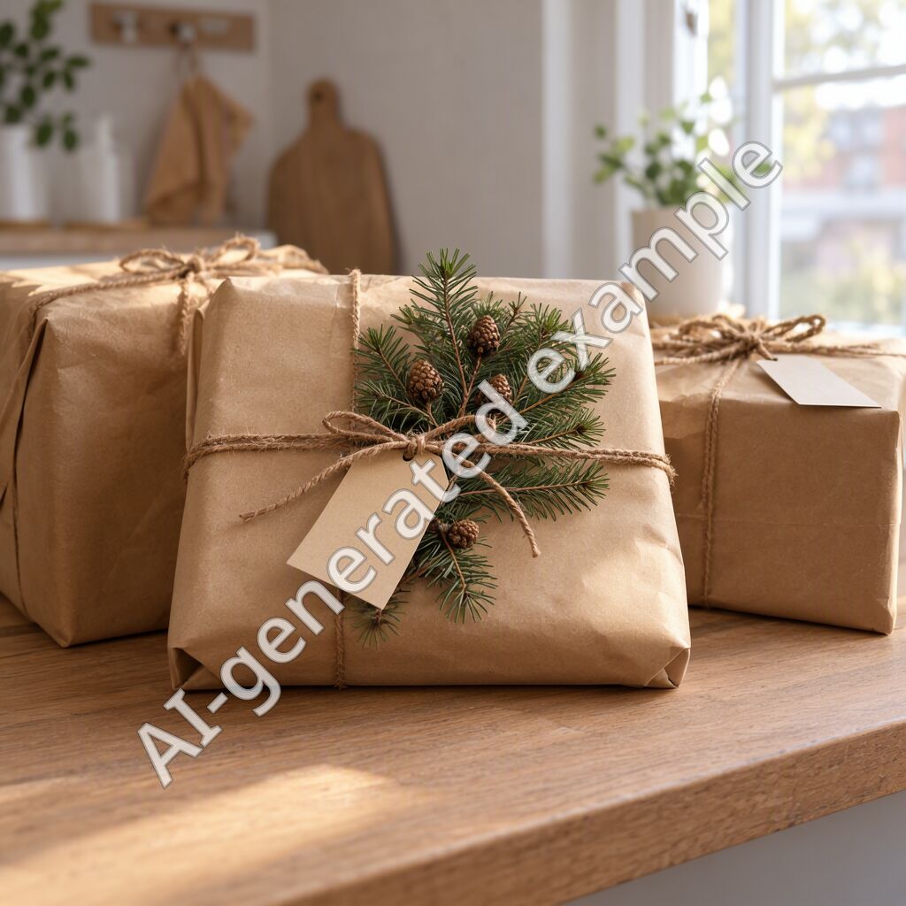 Three gifts wrapped in brown paper with a sprig of larch
