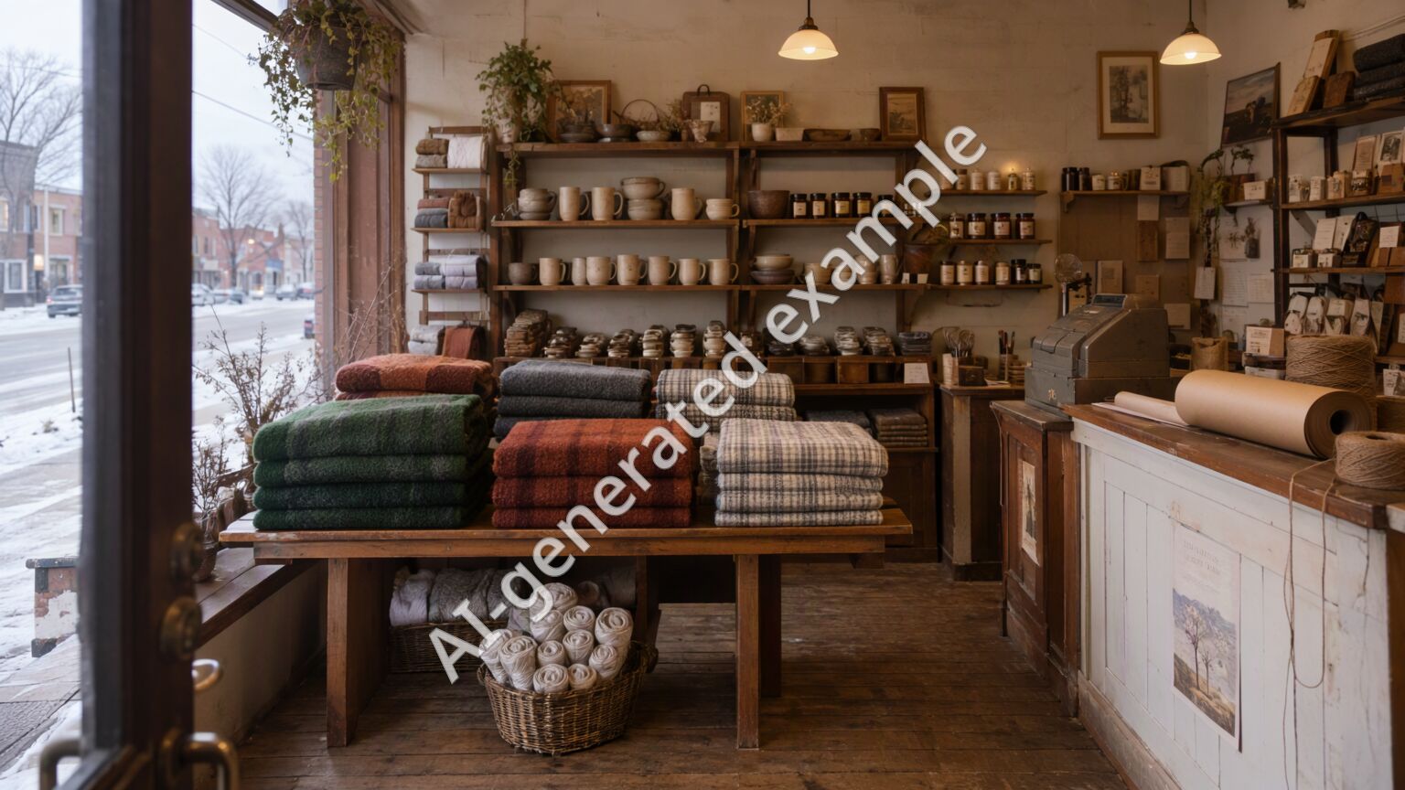 Inside Larch & Wool: wool blankets on the long table, stoneware on the shelves, the counter on the right