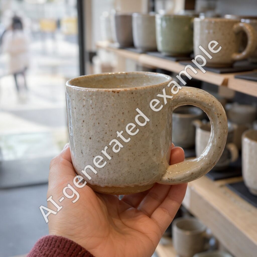 A speckled stoneware mug held in a hand